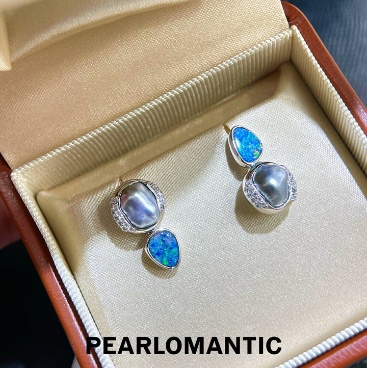[Designer's Choice] Australian Opal Teardrop & Tahitian Keshi Pearl S925 Artisan Earrings