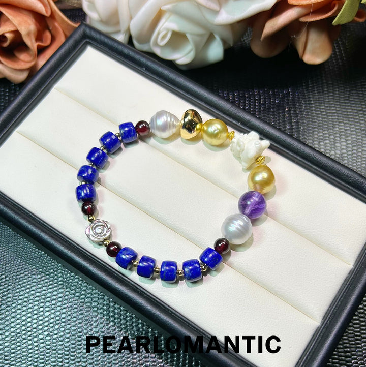 [Elección del diseñador] Pulsera única de lapislázuli, amatista y perlas "Viaje Mítico"