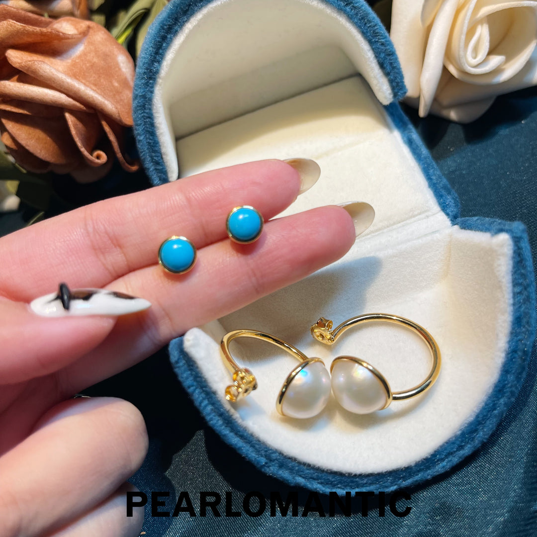 [Designer's Choice] Ocean Split Mabe Pearl Meets Turquoise Earrings & Rings Silver w/ Gold