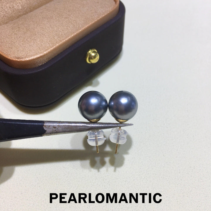 [Fine Jewelry] Tahitian Black Pearl 9-10mm Platinum Grey Earrings w/ 18k Gold