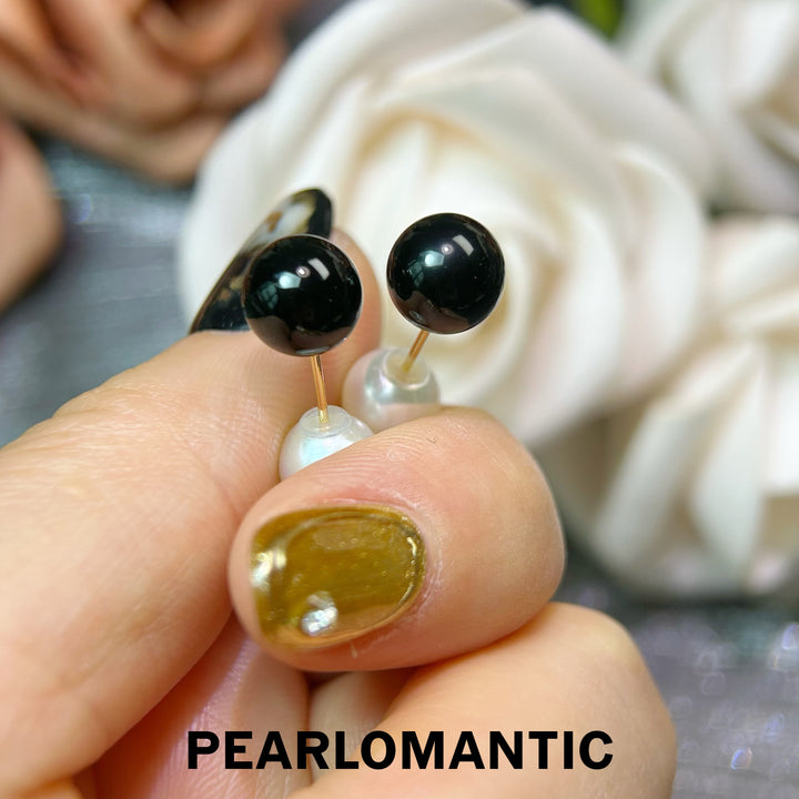 [Joyas finas] Pendientes únicos de oro de 18 quilates con ágata negra de 8 mm y perlas Akoya Noir &amp; Blanc