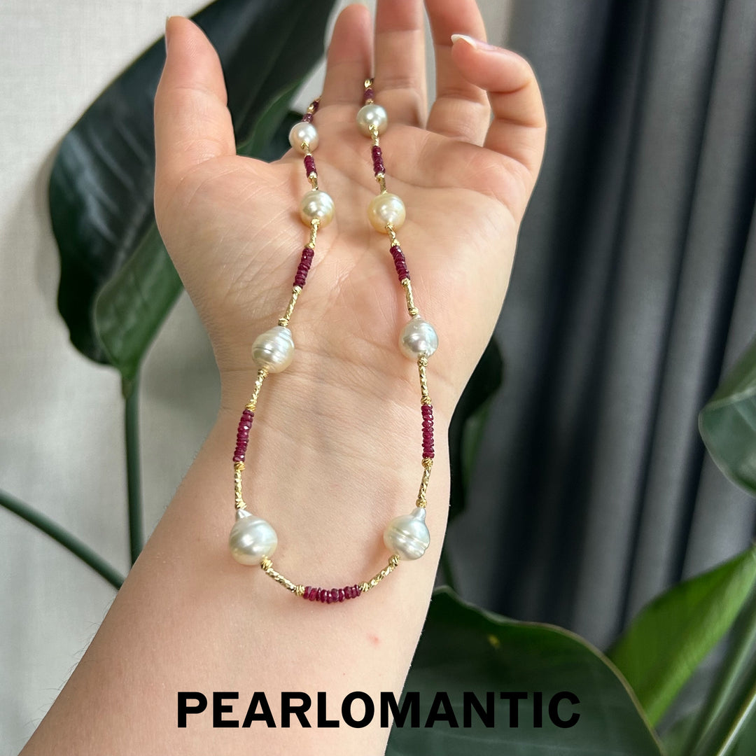 [Designer's Choice] South Sea Golden Pearl & Ruby Adjustable Necklaces w/ S925 Silver