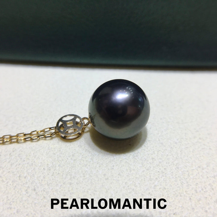 [Fine Jewelry] Tahitian Black Pearl 10-11mm Chinese Coins Design Pendant w/ 18k Gold