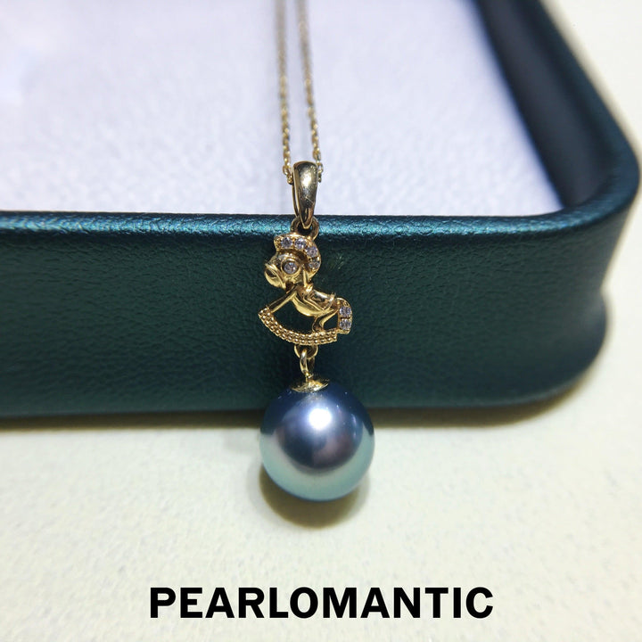 [Fine Jewelry] Tahitian Black Pearl 8.7*10mm Oval Carousel Design Pendant w/ 18k Gold
