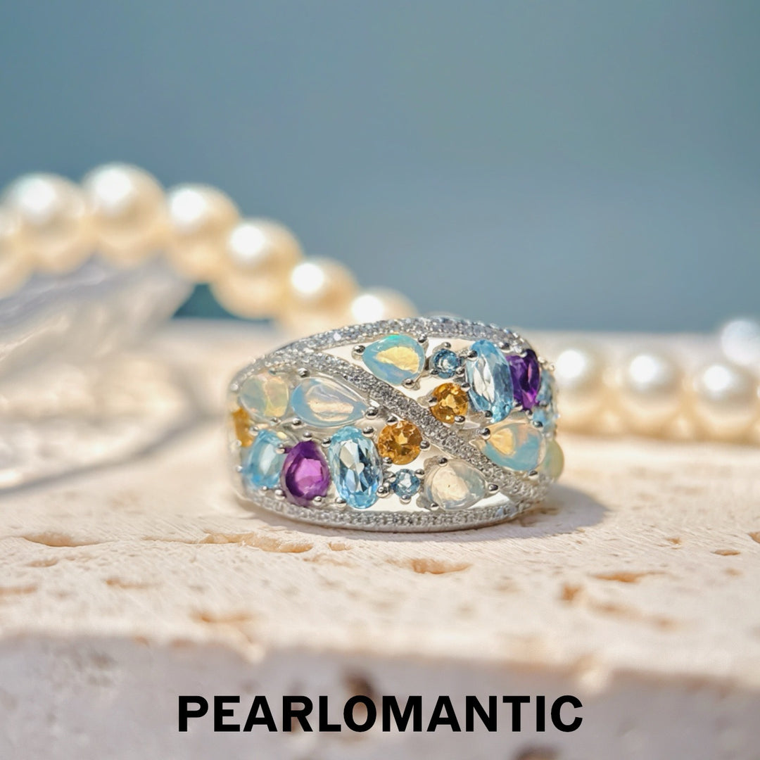 [618 Sale] Natural Opal Multi Gem Wide Band Ring w/ S925 Silver