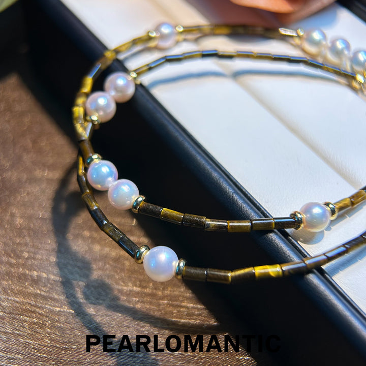 [Designer's Choice] Akoya Pearl & Tiger Eye Striped Luster Necklace Adjustable w/ S925 Silver