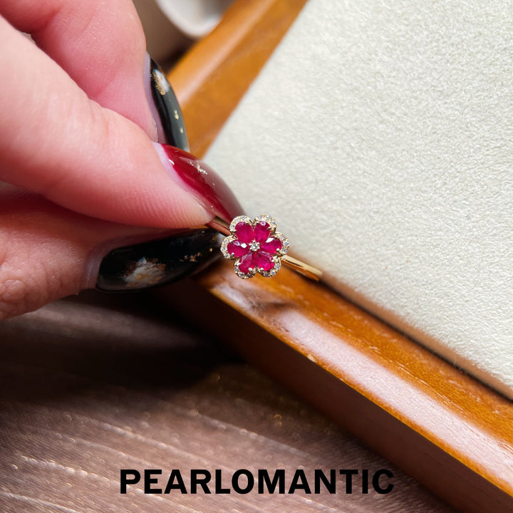 [Fine Jewelry] 18k Gold Ruby Floral Versatile Beauty Ring with Sparkling Diamonds