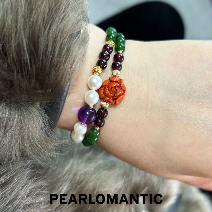 [Designer's Choice] Eastern Garden Southern Red Agate & Akoya Pearl Double-Layered Bracelet