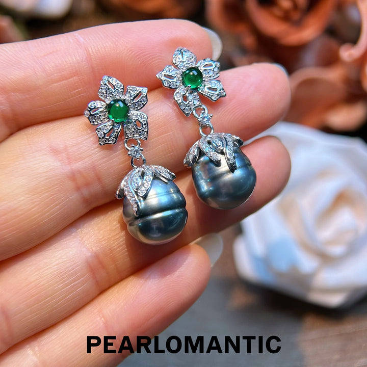 [Limited Time] Tahitian Black Baroque Pearl Floral-Set S925 Silver Earing Studs
