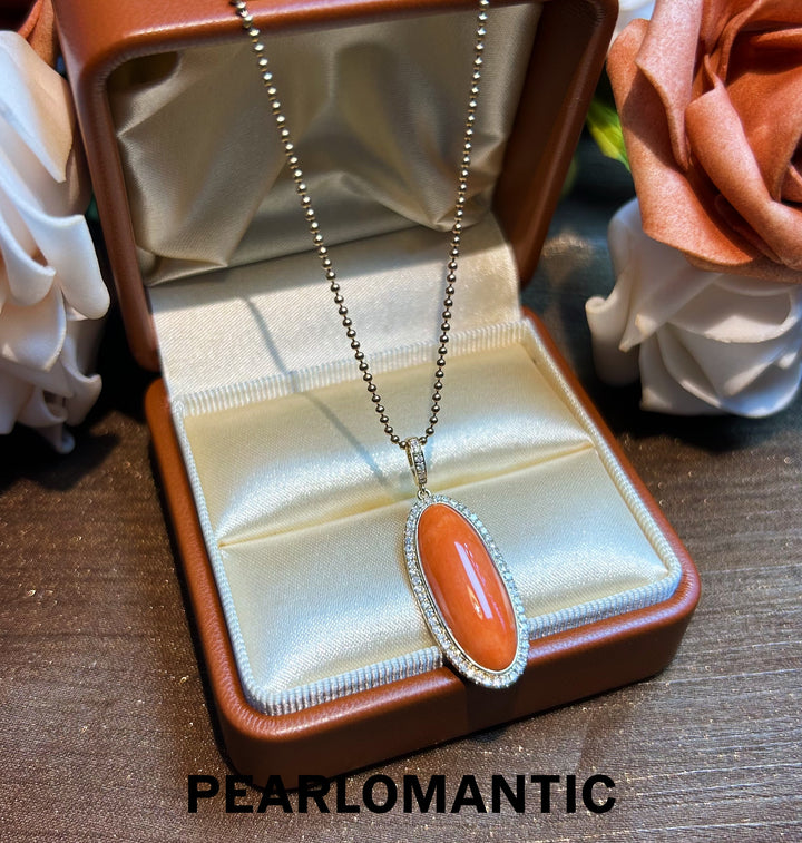 [Fine Jewelry] Pink Coral Big 7.95ct Oval Shape All-purpose Pendants w/ 14k Gold & Diamonds