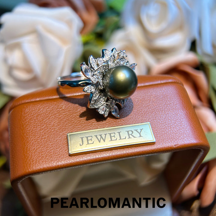 [Designer's Choice] Tahitian Black Pearl Green Glow Bloom Adjustable Silver Ring