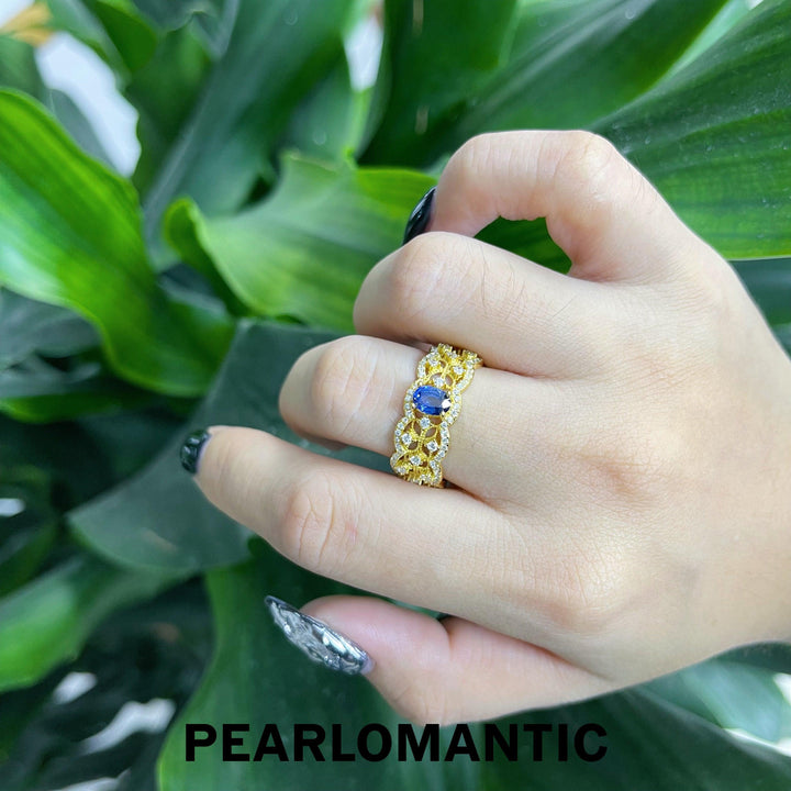 [Designer's Choice] Sapphire 0.6ct + Zircon Buccellati Style Adjustable Ring w/ S925 Gold Plated