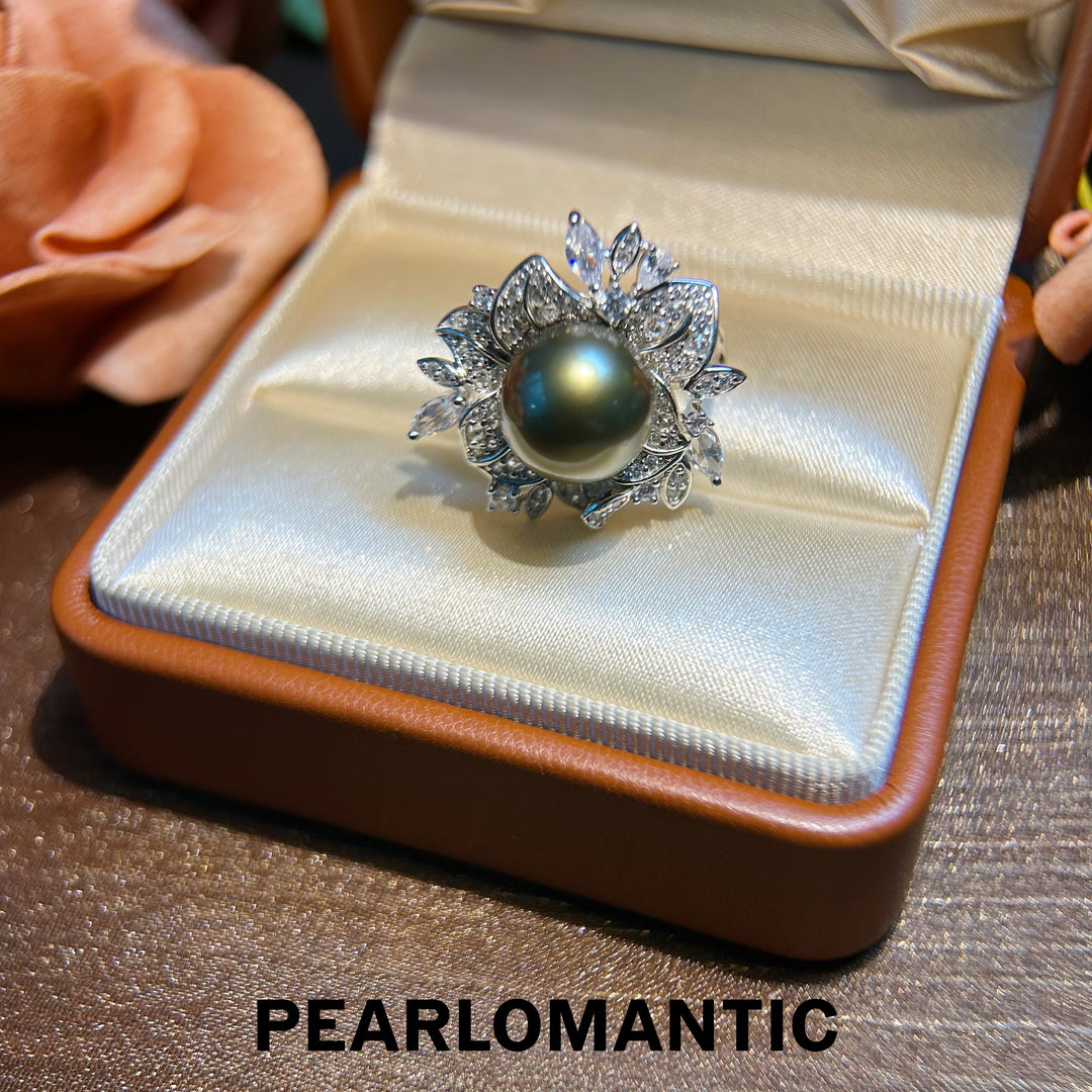 [Designer's Choice] Tahitian Black Pearl Green Glow Bloom Adjustable Silver Ring