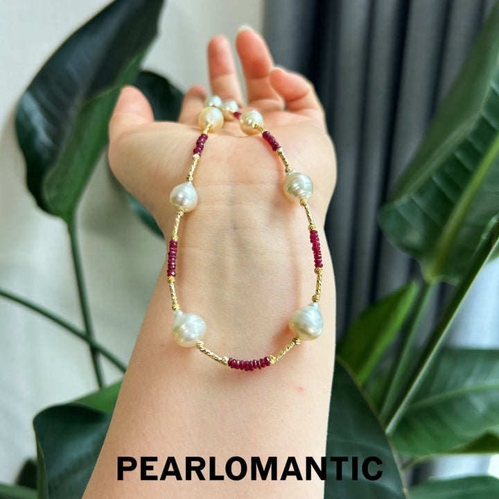 [Designer's Choice] South Sea Golden Pearl & Ruby Adjustable Necklaces w/ S925 Silver