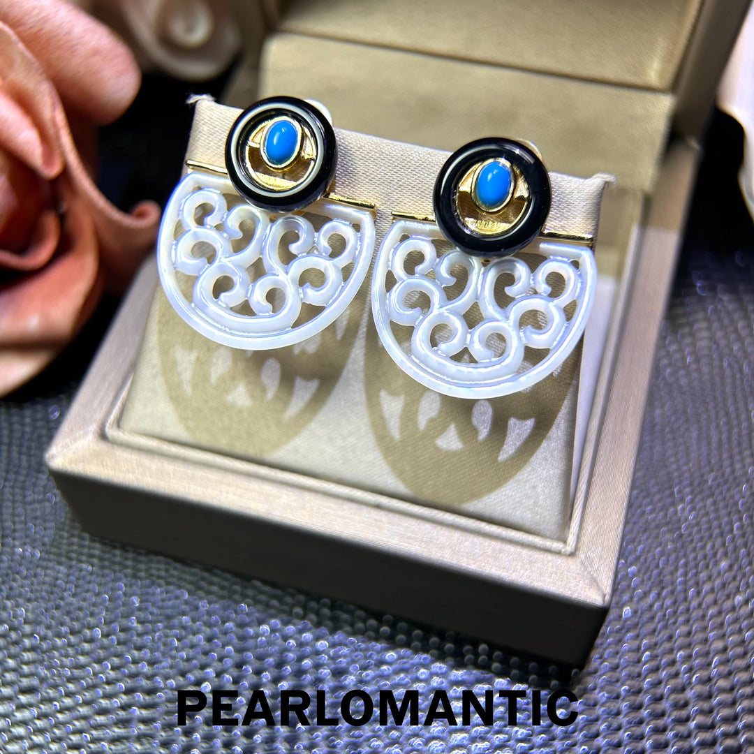 [618 Sale] Mother of Pearl Openwork Fan Earrings w/ Black Agate &amp; Turquoise