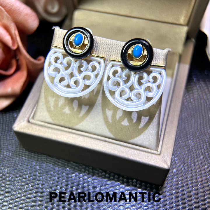 [618 Sale] Mother of Pearl Openwork Fan Earrings w/ Black Agate &amp; Turquoise