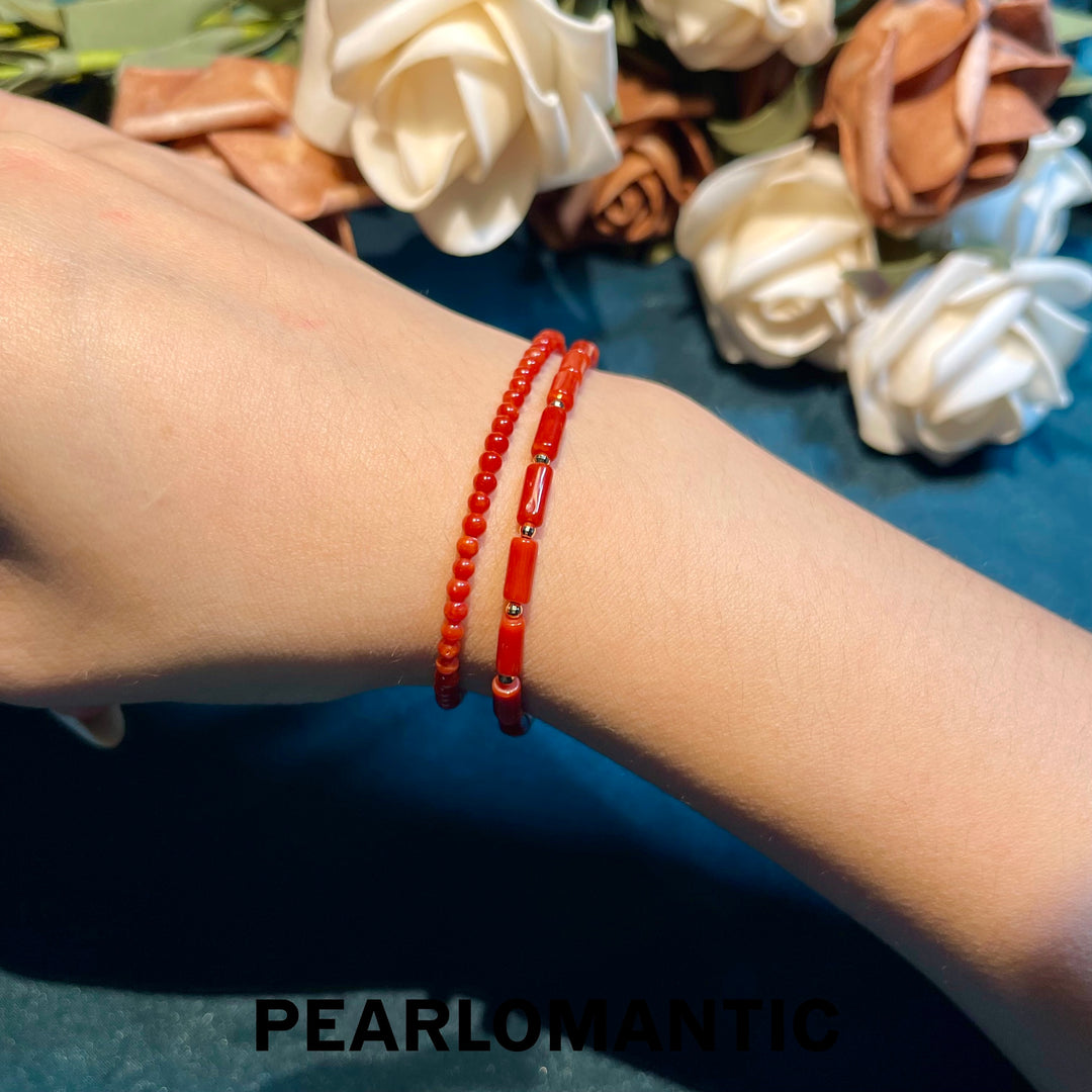 [Fine Jewelry] 18k Gold & Red Coral Doubale Layer Two Shapes Bracelets Adjustable
