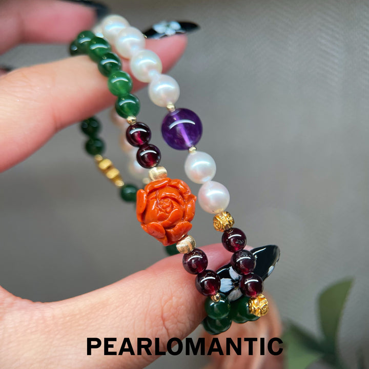 [Designer's Choice] Eastern Garden Southern Red Agate & Akoya Pearl Double-Layered Bracelet