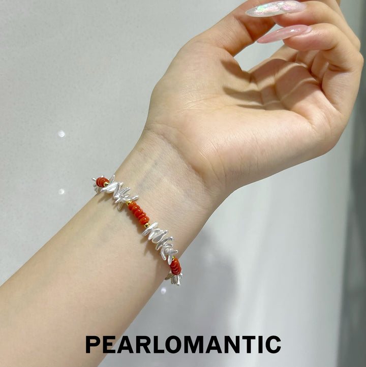 [618 Sale] Mabe Keshi Pearl &amp; Red Coral Fishbone Bracelet w/ S925 Silver
