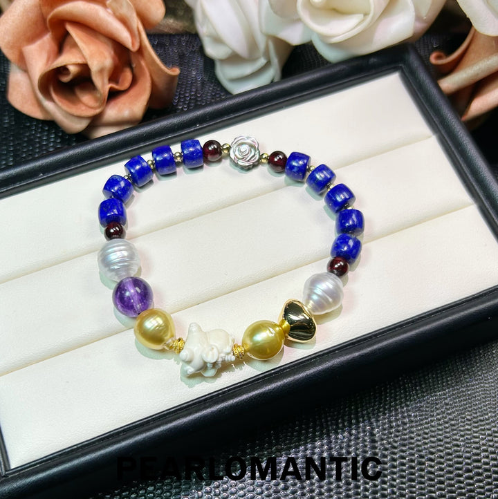 [Elección del diseñador] Pulsera única de lapislázuli, amatista y perlas "Viaje Mítico"