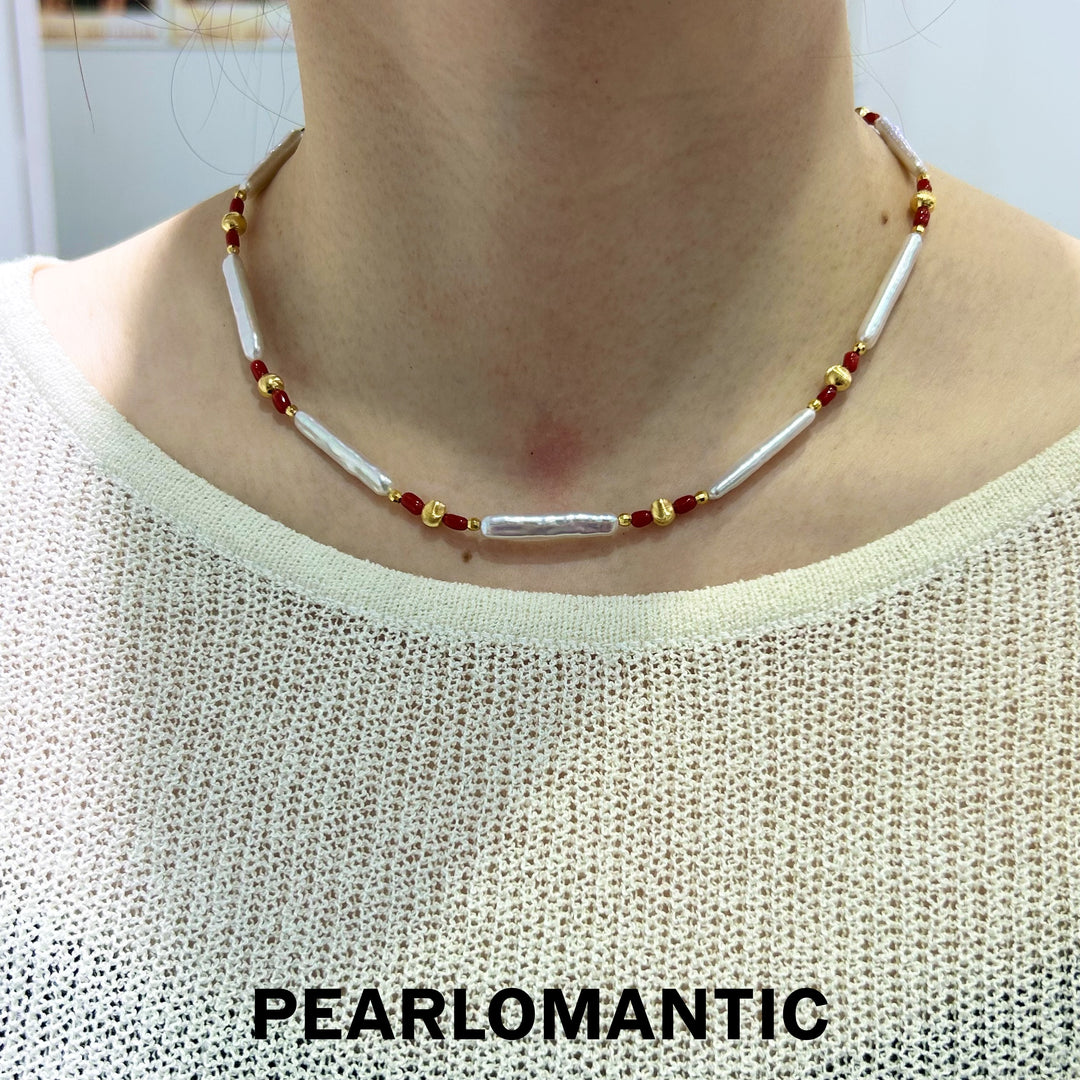 [Designer's Choice] Freshwater Pearl & Coral Scarlet Harmony Necklaces w/ S925 Silver