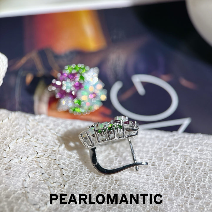[Designer’s Choice] Antique Bloom Garnet Diopside &amp; Opal Floral Earrings