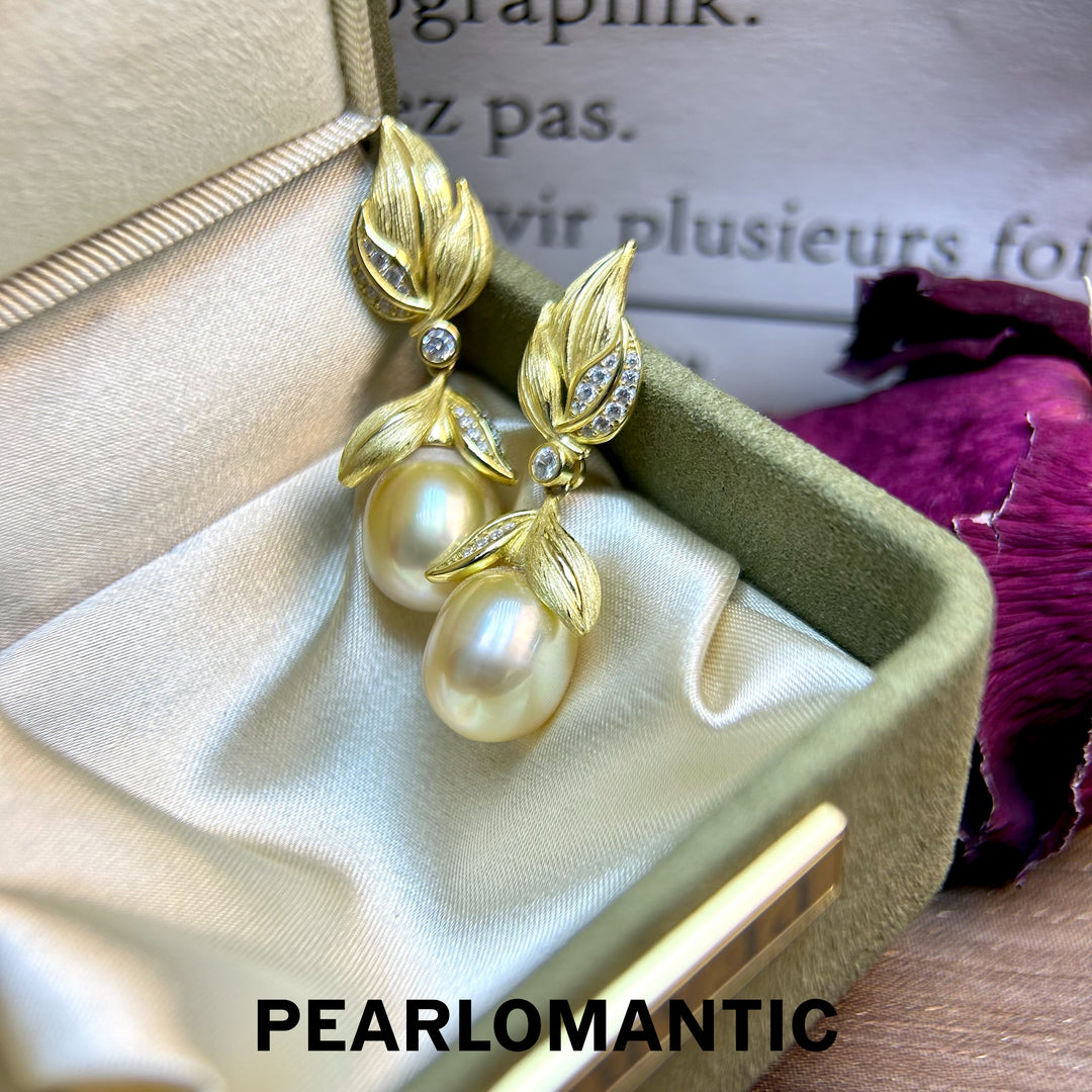 [Designer's Choice] South Sea Golden Pearl 11*13 Buccellati Style Earring Studs & S925 w/ Gold Plated