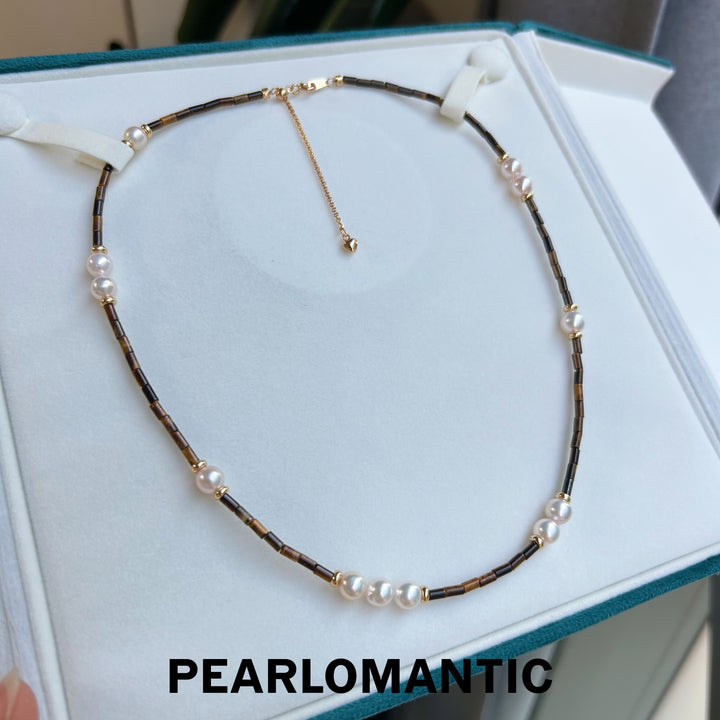 [Designer's Choice] Akoya Pearl & Tiger Eye Striped Luster Necklace Adjustable w/ S925 Silver