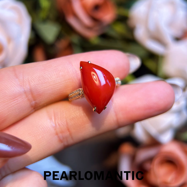 [Fine Jewelry] Red Coral Big Size 6.26ct Unique Design Ring w/ 14k Gold & Diamonds