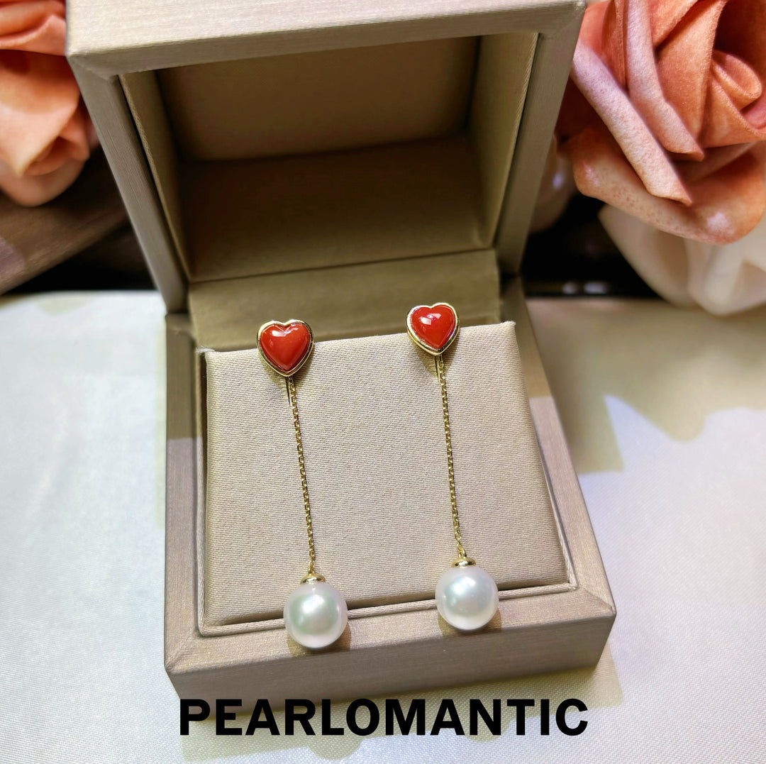 [Fine Jewelry] Red Heart Aka Coral &amp; Mirror-Luster Akoya Pearl 18K Earrings