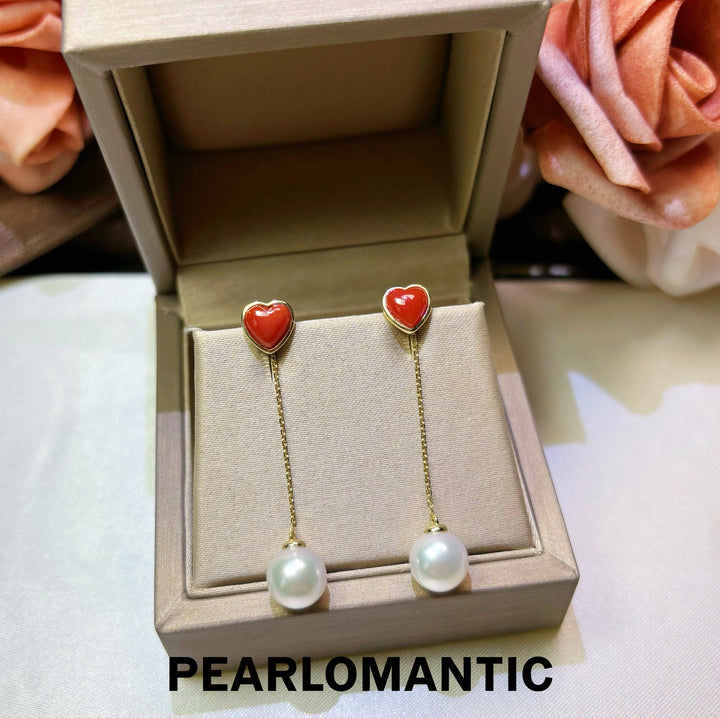 [Fine Jewelry] Red Heart Aka Coral &amp; Mirror-Luster Akoya Pearl 18K Earrings