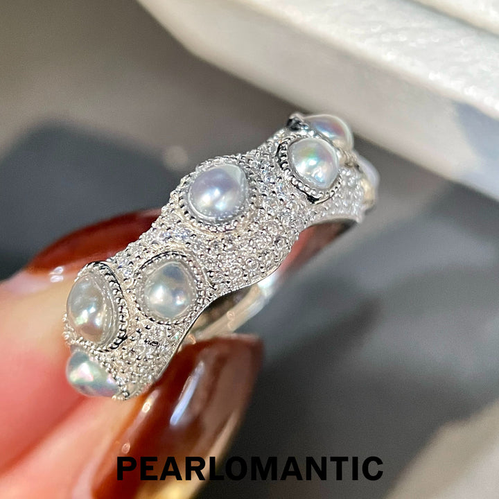 [Designer's Choice] Akoya Keshi Pearl Lustrous Pave-Set Textured S925 Adjustable Ring