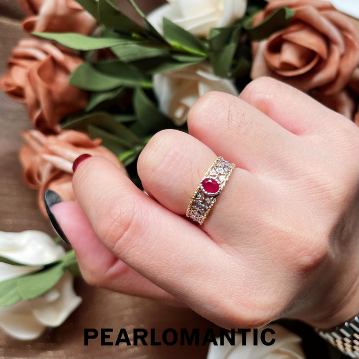 [Fine Jewelry] 18k Gold & Ruby & Diamonds Timeless Openwork Wide Ring
