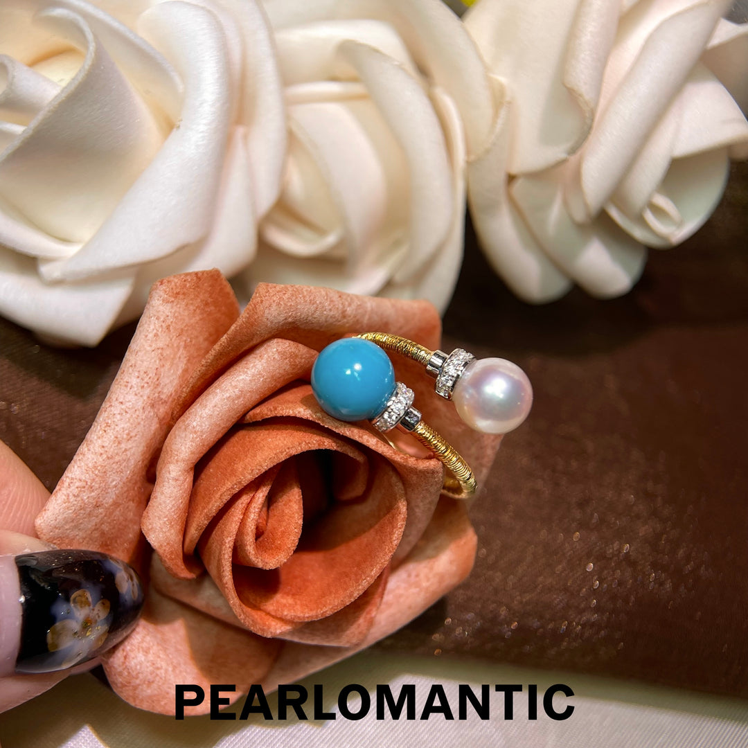 [Designer’s Choice] Ocean Duo 8–8.5mm Turquoise &amp; Akoya Pearl Gold-Plated Open Bangle