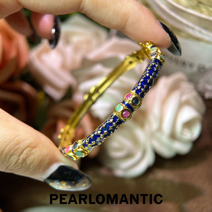 [Designer’s Choice] Royal Azure S925 Gold-Plated Blue Enamel &amp; Multicolor Gemstone Bangle