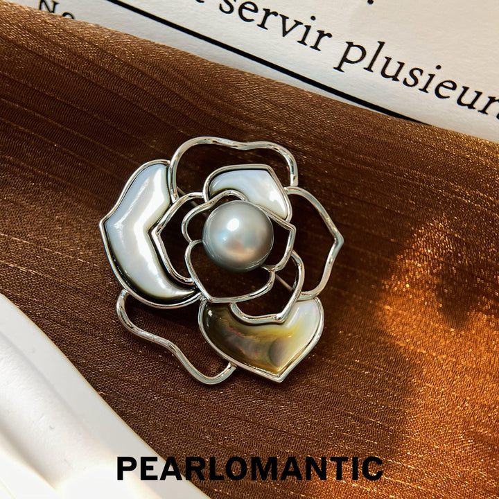 [Everyday Essentials] Tahitian Black Pearl 11-12mm Camellia Design Alloy Brooches