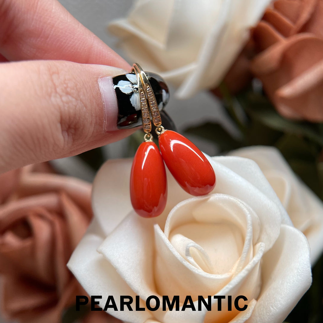 [Joyas finas] Pendientes de coral en forma de lágrima radiante "Vermilion Glow" con detalles de circonita