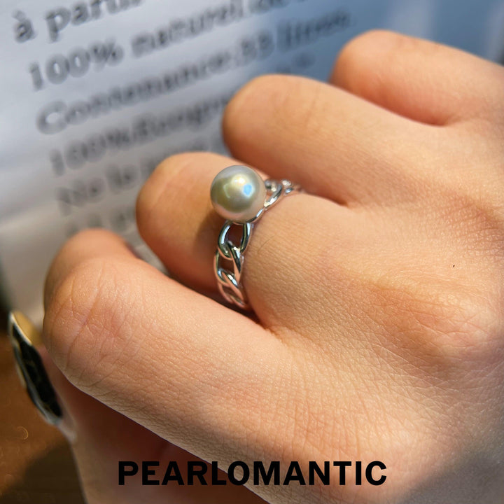 [Everyday Essentials] Akoya 7.5-8mm Pearl Silver Blue Color Chain Style Adjustable Ring w/ S925