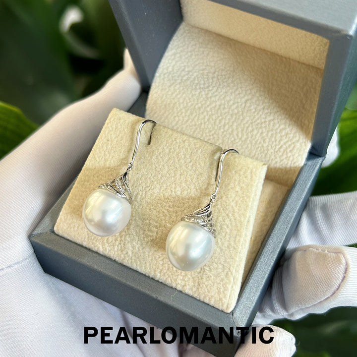 [Fine Jewelry] 18k Gold + Diamond + Australian White 11.5mm Pearl Spiral Design Earrings