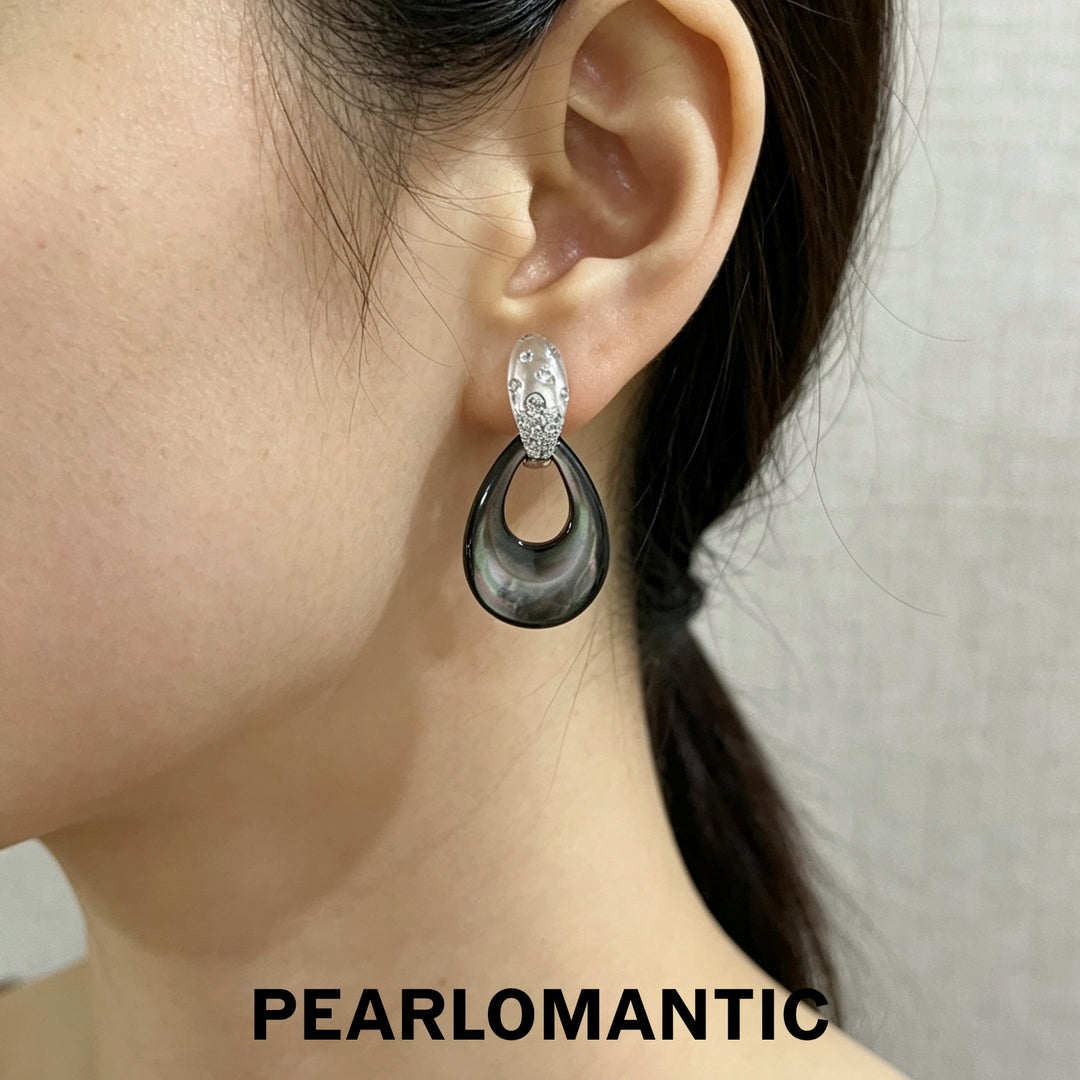 [618 Sale] Hand-Carved MOP Black Teardrop Convertible Earrings w/ S925 Silver