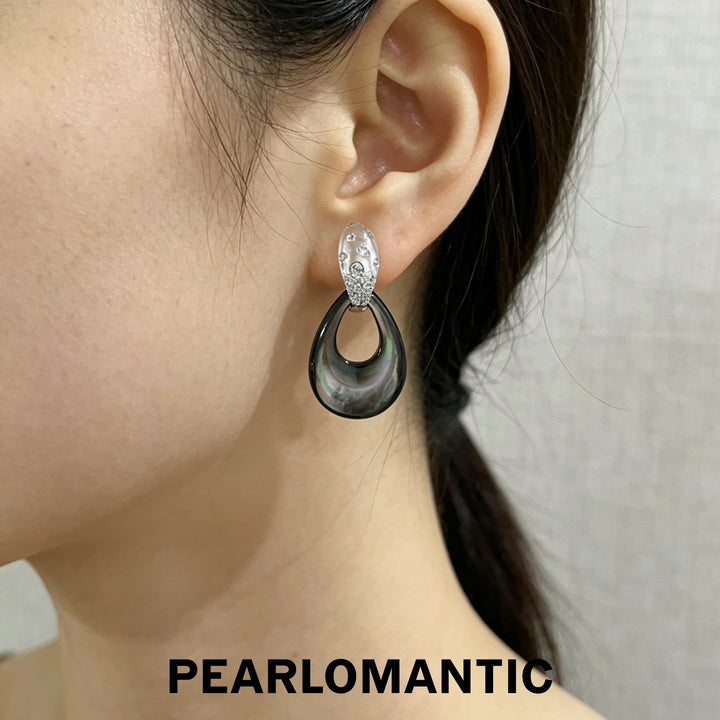 [618 Sale] Hand-Carved MOP Black Teardrop Convertible Earrings w/ S925 Silver