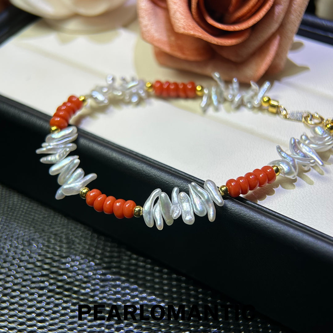 [618 Sale] Mabe Keshi Pearl &amp; Red Coral Fishbone Bracelet w/ S925 Silver