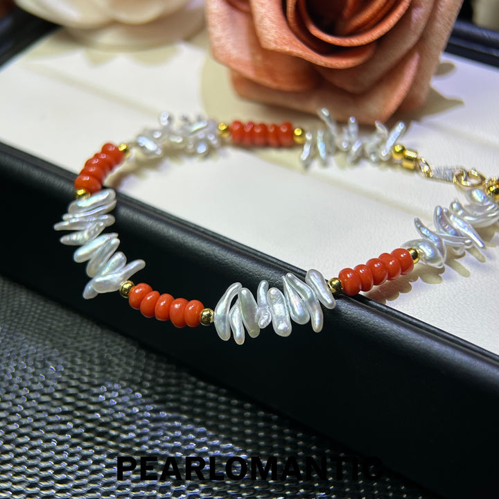 [618 Sale] Mabe Keshi Pearl &amp; Red Coral Fishbone Bracelet w/ S925 Silver
