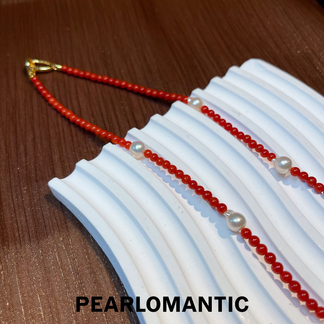[Designer's Choice] 3.5-4mm Coral + 6-7mm Akoya Baroque Pearl Spaced Sweater Chain Necklace w/ S925 Clasp