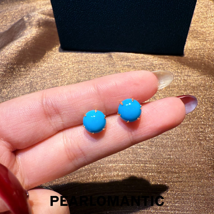 [Fine Jewelry] 18k Gold & Arizona Turquoise 8-9mm Round Classic Earring Studs