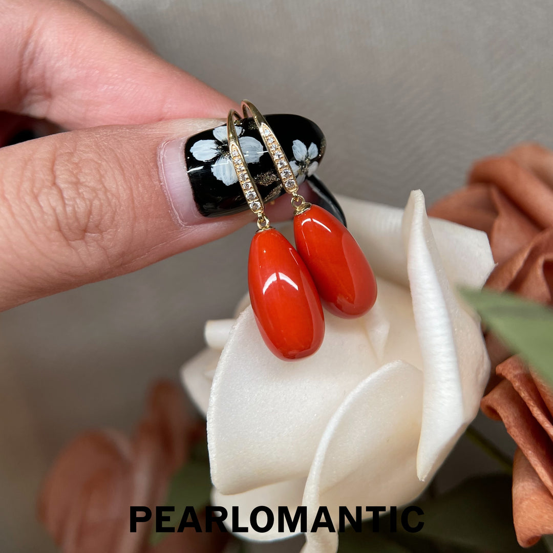 [Joyas finas] Pendientes de coral en forma de lágrima radiante "Vermilion Glow" con detalles de circonita