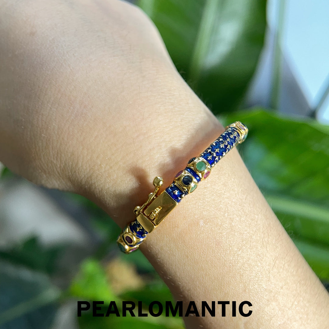 [Designer’s Choice] Royal Azure S925 Gold-Plated Blue Enamel &amp; Multicolor Gemstone Bangle