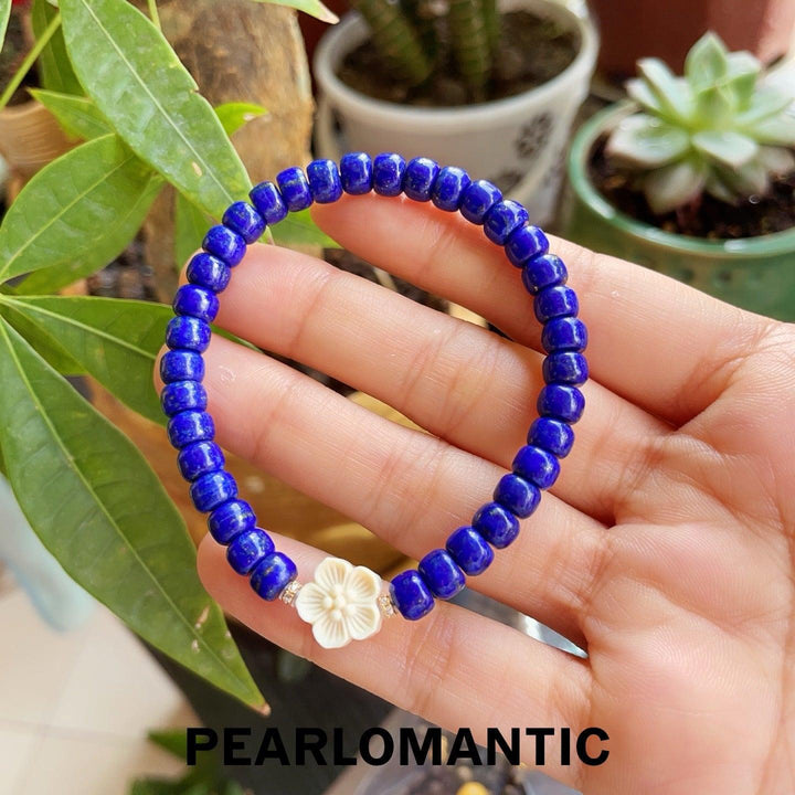 [618 Sale] 6–7mm Lapis Lazuli Bracelet w/ White Flower Accent