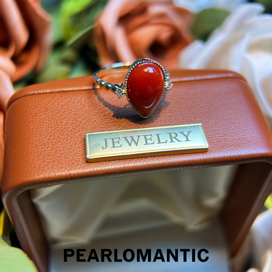 [Fine Jewelry] Red Coral Big Size 3.713ct Perfect Color Ring w/ 14k Gold & Diamonds