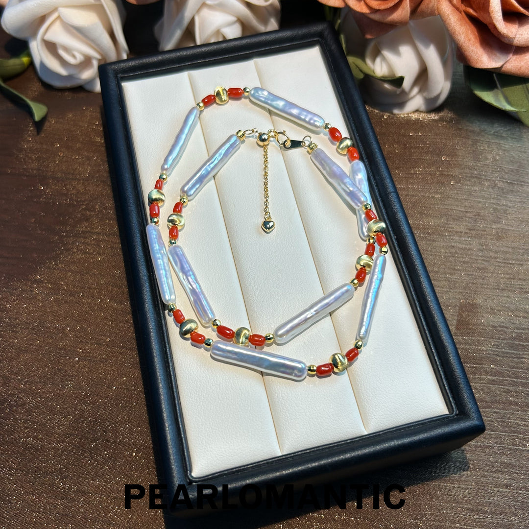 [Designer's Choice] Freshwater Pearl & Coral Scarlet Harmony Necklaces w/ S925 Silver